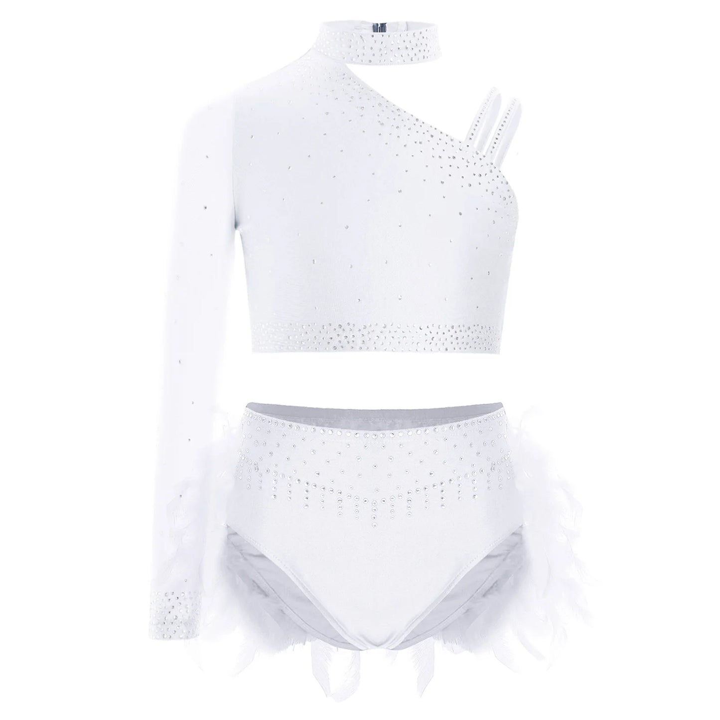 Girls Gymnastics Dance Performance Costume Rhinestone Crop Top With Feather Shorts Set (Age 6-16YRS)