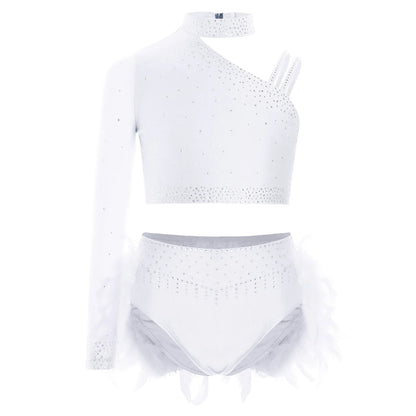 Girls Gymnastics Dance Performance Costume Rhinestone Crop Top With Feather Shorts Set (Age 6-16YRS)