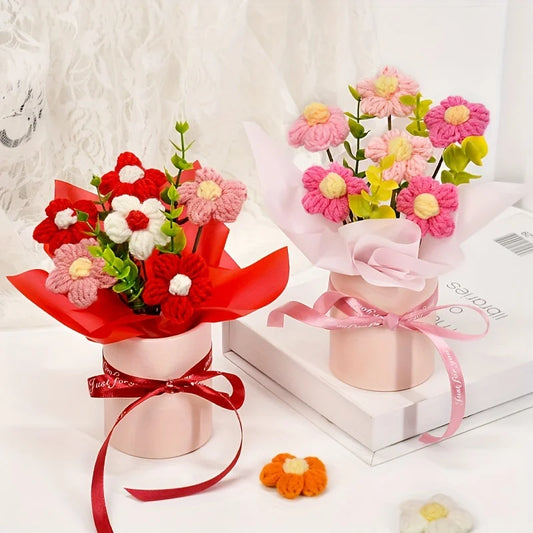 Handmade Knitted Crochet Gift Pink & Red Flower Bouquets