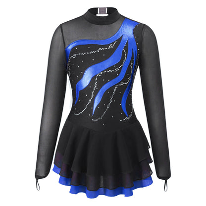 Girls Rhinestone Figure Skating Leotard Dress (Age 6-16 YRS) Royal Blue