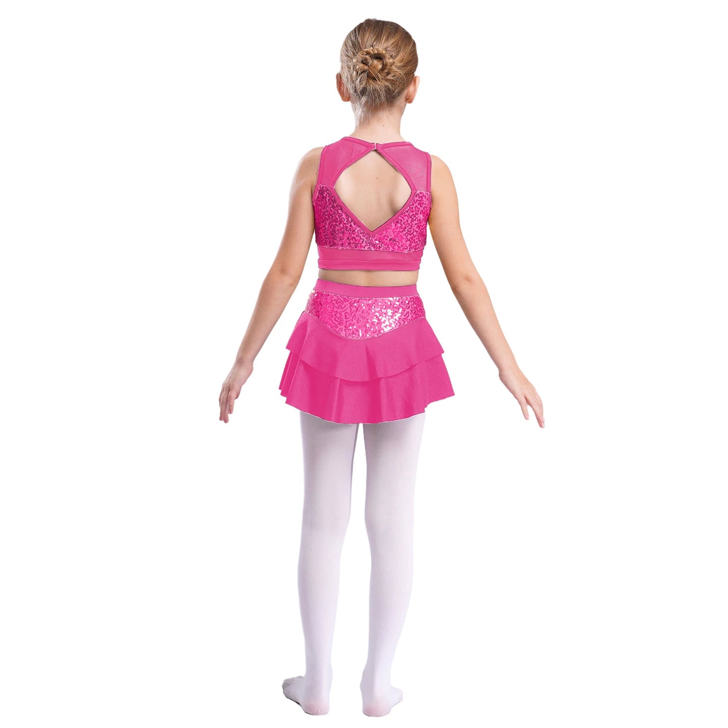 Girls Sequin Sheer Mesh Crop Top & Tiered Skirt Set (Age 6-16YRS)
