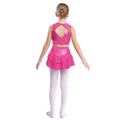 Girls Sequin Sheer Mesh Crop Top & Tiered Skirt Set (Age 6-16YRS)