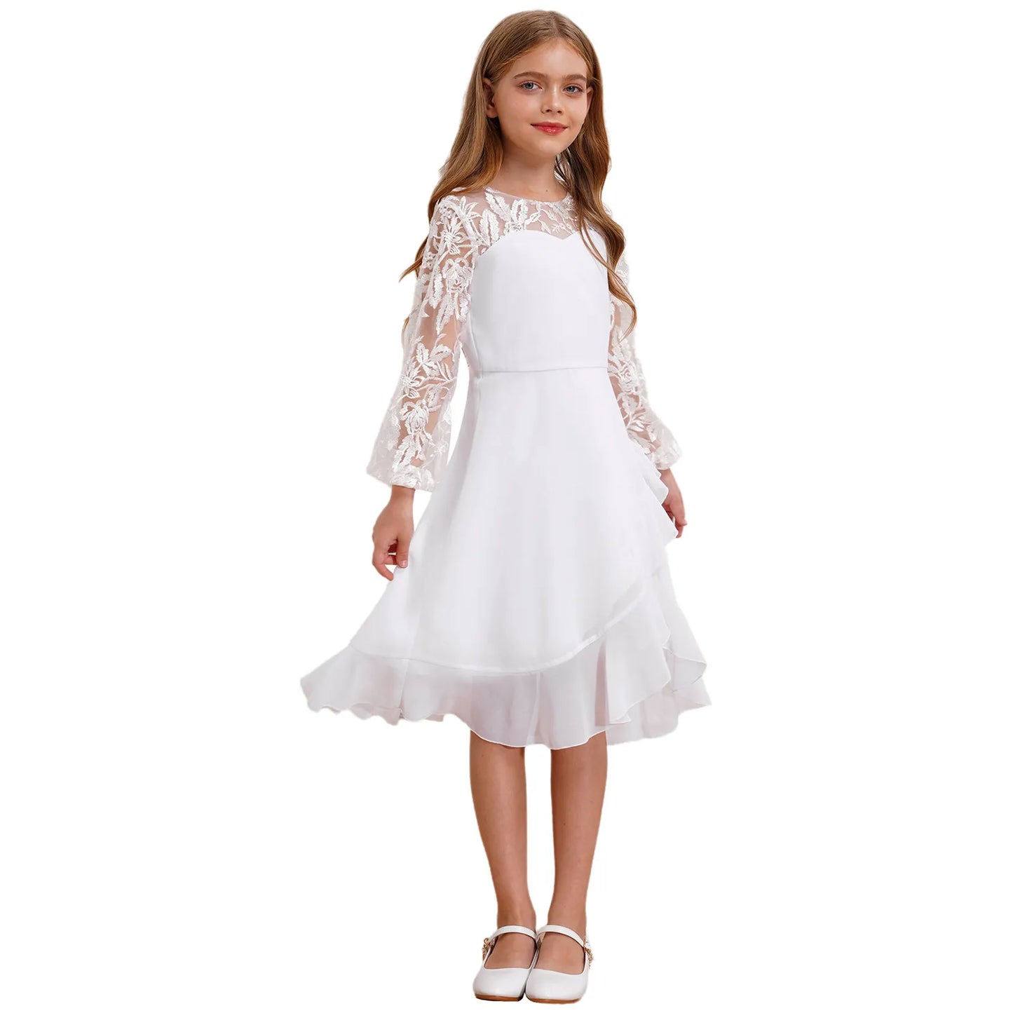 Girls Chiffon Long Sleeve High Waist Mesh Embroidery Dress (Age 8-16 YRS)
