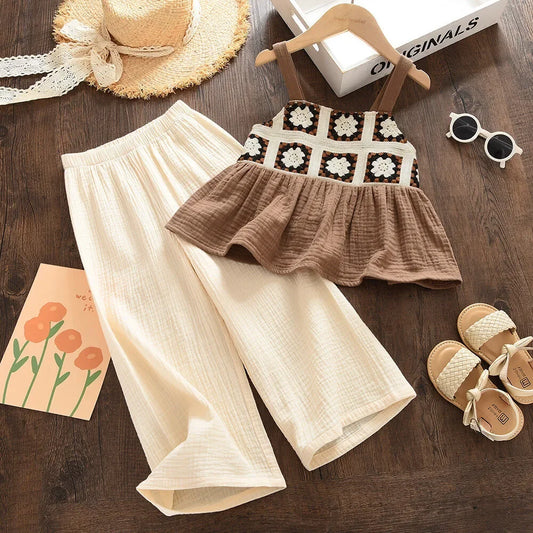 Girls Brown Retro Printed Plaid Camisole Top & Beige Trousers (Age 3-7YRS)