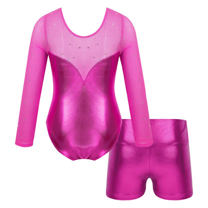 Girls Sparkly Rhinestone Ballet Dance Gymnastics Leotard & Shorts (Age 4-12 YRS)