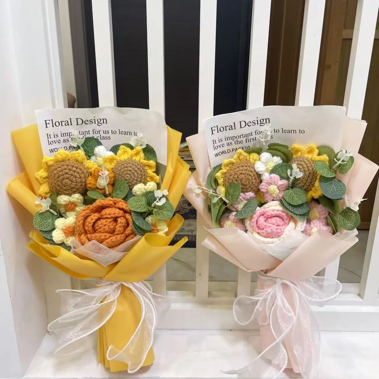 Plush Knitted Sunflowers Roses Crochet Flowers Gift Bouquet