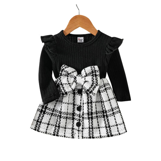 Baby Girls Rib Knit Ruffle Long-Sleeve Tweed Dress (Age 3M-24M) Black