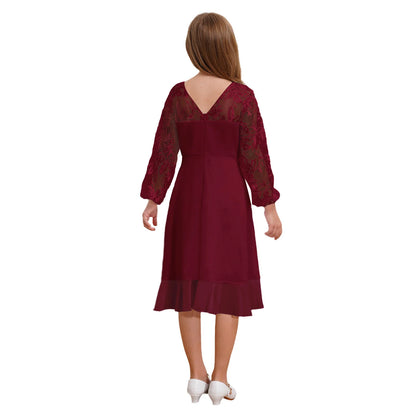 Girls Chiffon Long Sleeve High Waist Mesh Embroidery Dress (Age 8-16 YRS)
