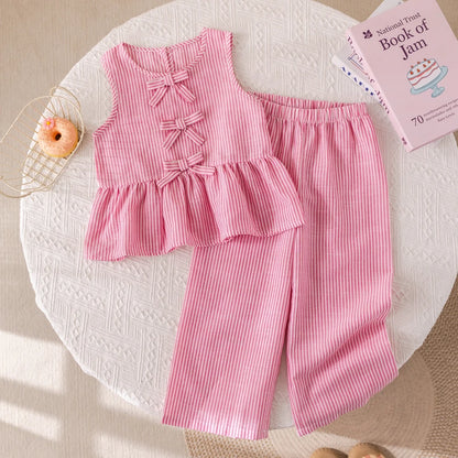 Girls' Suits Pink Stripe Bow Sleeveless Vest Top & Trousers Set (Age 3-7 YRS) Pink