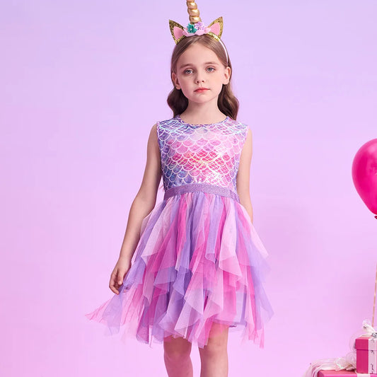 Girls Pink Mermaid Print Ruffle Tulle Dress (Age 3-12YRS) Pink