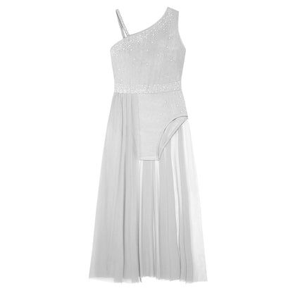 Girls Dance Costume Ballet Rhinestones Sleeveless Sheer Mesh Leotard Dress (Age 6-16 YRS)