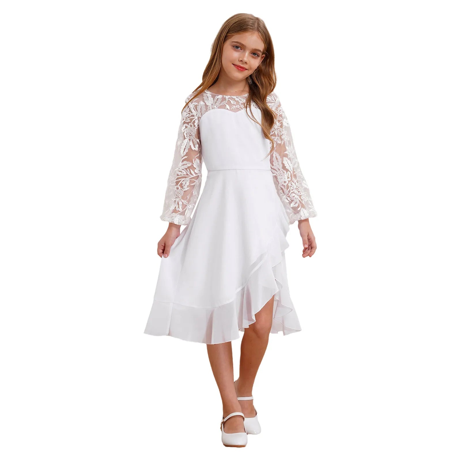 Girls Chiffon Long Sleeve High Waist Mesh Embroidery Dress (Age 8-16 YRS)