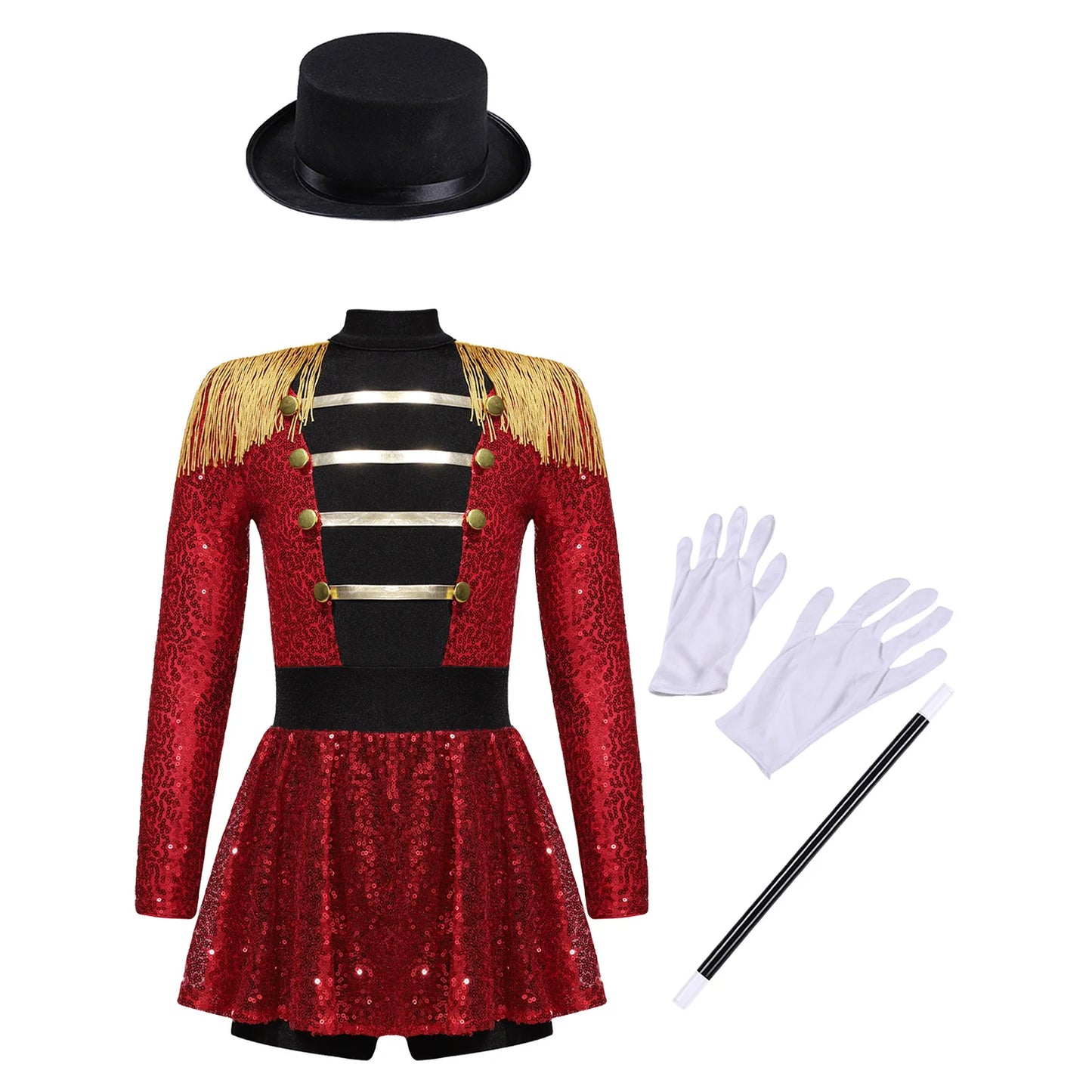 Girls Halloween Circus Ringmaster Costume Long Sleeve Sequin Leotard Dress (Age 6-14YRS) Red A