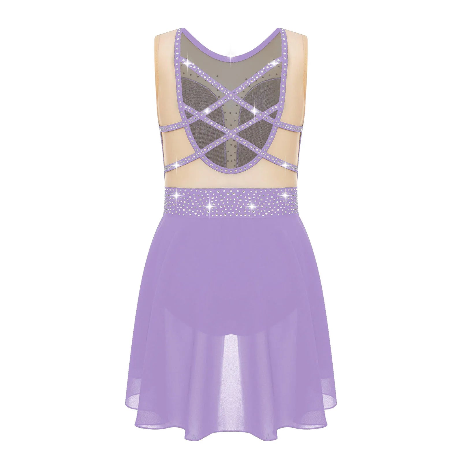 Rhinestone Gymnastics Figure Skating Dress for Teen Girls Sleeveless Sheer Mesh Tutu Ballet Leotard Lyrical Performance Costume
