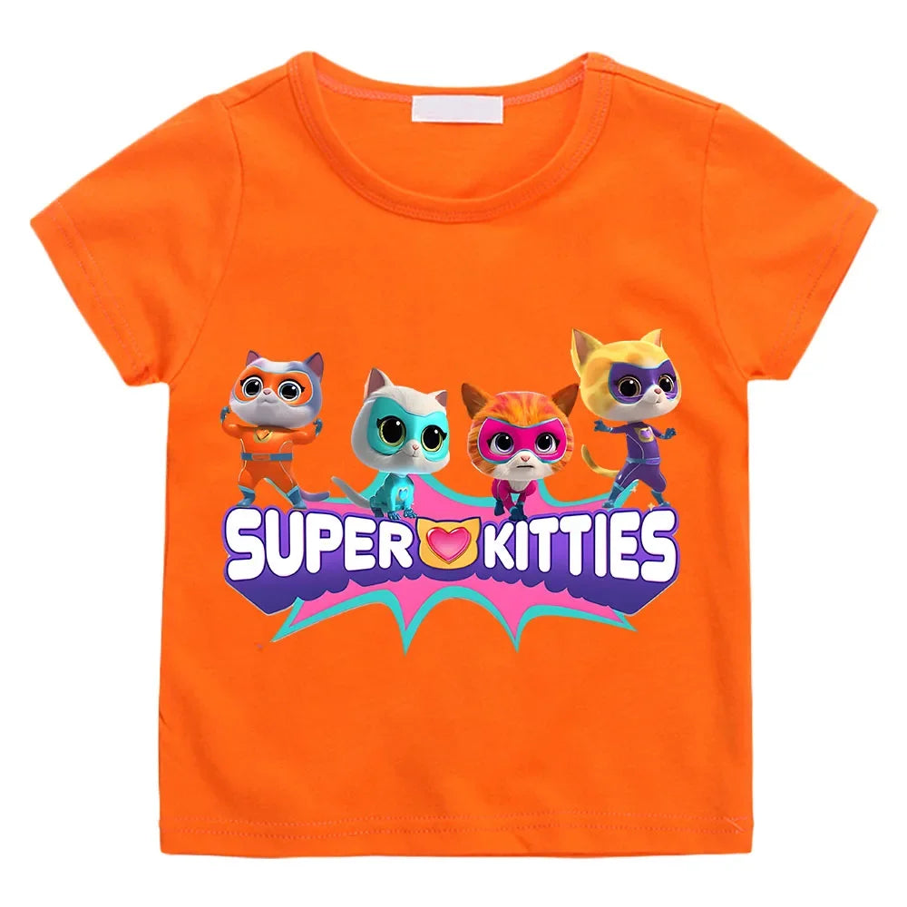 SuperKitties Cartoon Printed Summer Top – 100% Pure Cotton T-Shirt | Short Sleeves | Ages 2–12