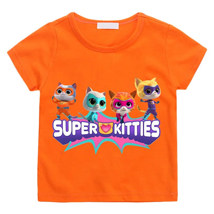 SuperKitties Cartoon Printed Summer Top – 100% Pure Cotton T-Shirt | Short Sleeves | Ages 2–12