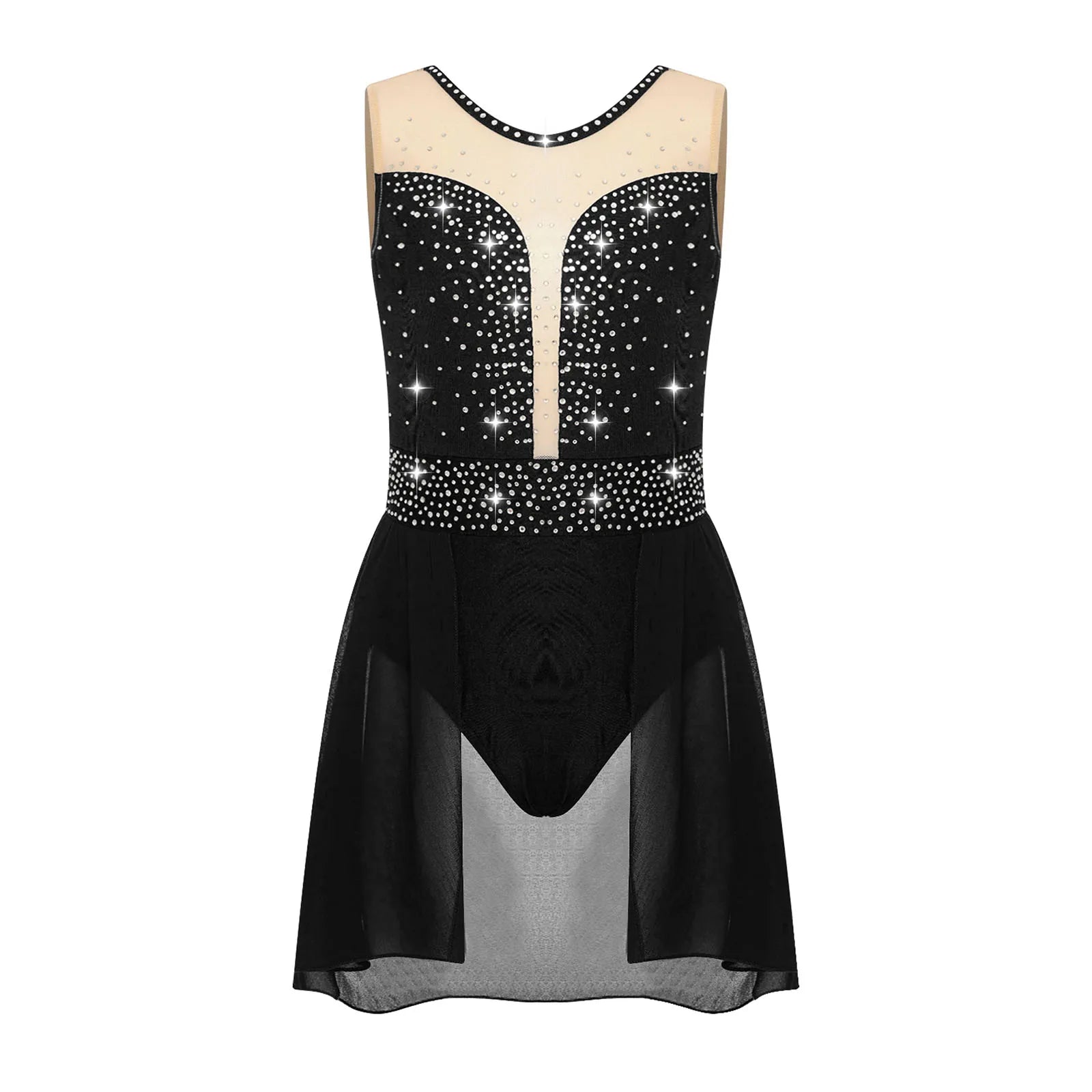 Rhinestone Gymnastics Figure Skating Dress for Teen Girls Sleeveless Sheer Mesh Tutu Ballet Leotard Lyrical Performance Costume