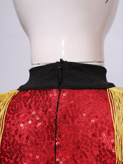 Girls Halloween Circus Ringmaster Costume Long Sleeve Sequin Leotard Dress (Age 6-14YRS)