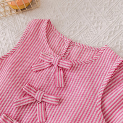 Girls' Pink Stripe Bow Sleeveless Vest Top & Trousers Set (Age 3-7 YRS)