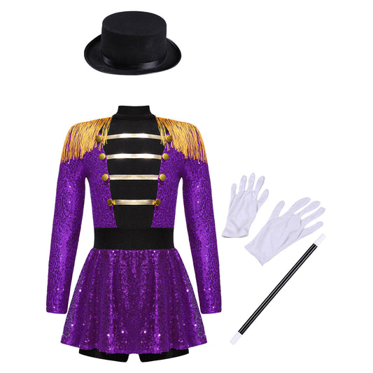 Girls Halloween Circus Ringmaster Costume Long Sleeve Sequin Leotard Dress (Age 6-14YRS)