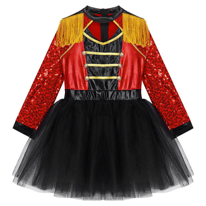 Girls Circus Ringmaster Magician Sequin Leotard Tutu Dress Costume (Age 6-16 YRS)