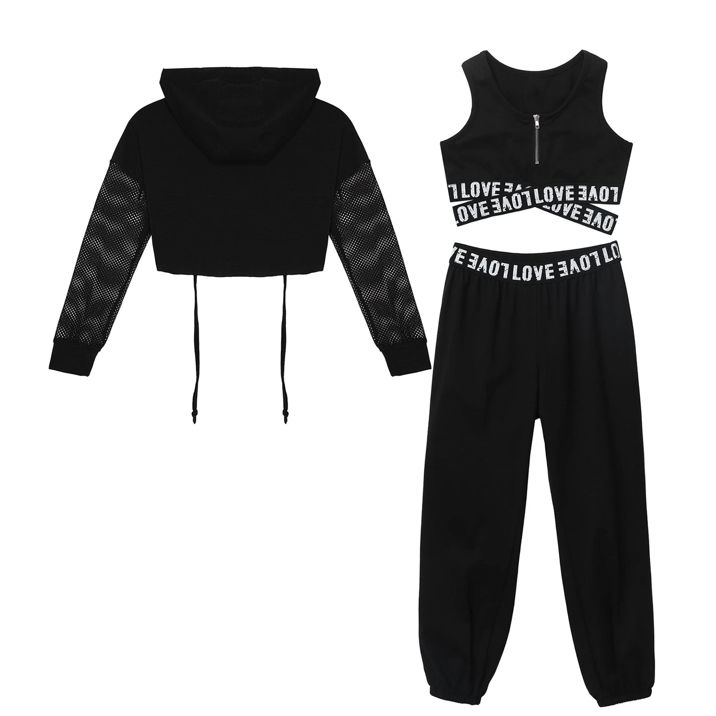 Girls Hip Hop Long Sleeve Drawstring Hooded Tops with Crop Top Pants Tracksuit (Age 6-14YRS)