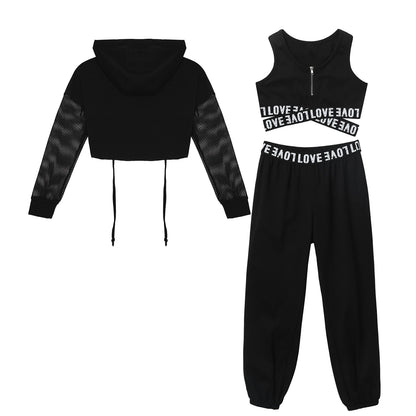 Girls Hip Hop Long Sleeve Drawstring Hooded Tops with Crop Top Pants Tracksuit (Age 6-14YRS)