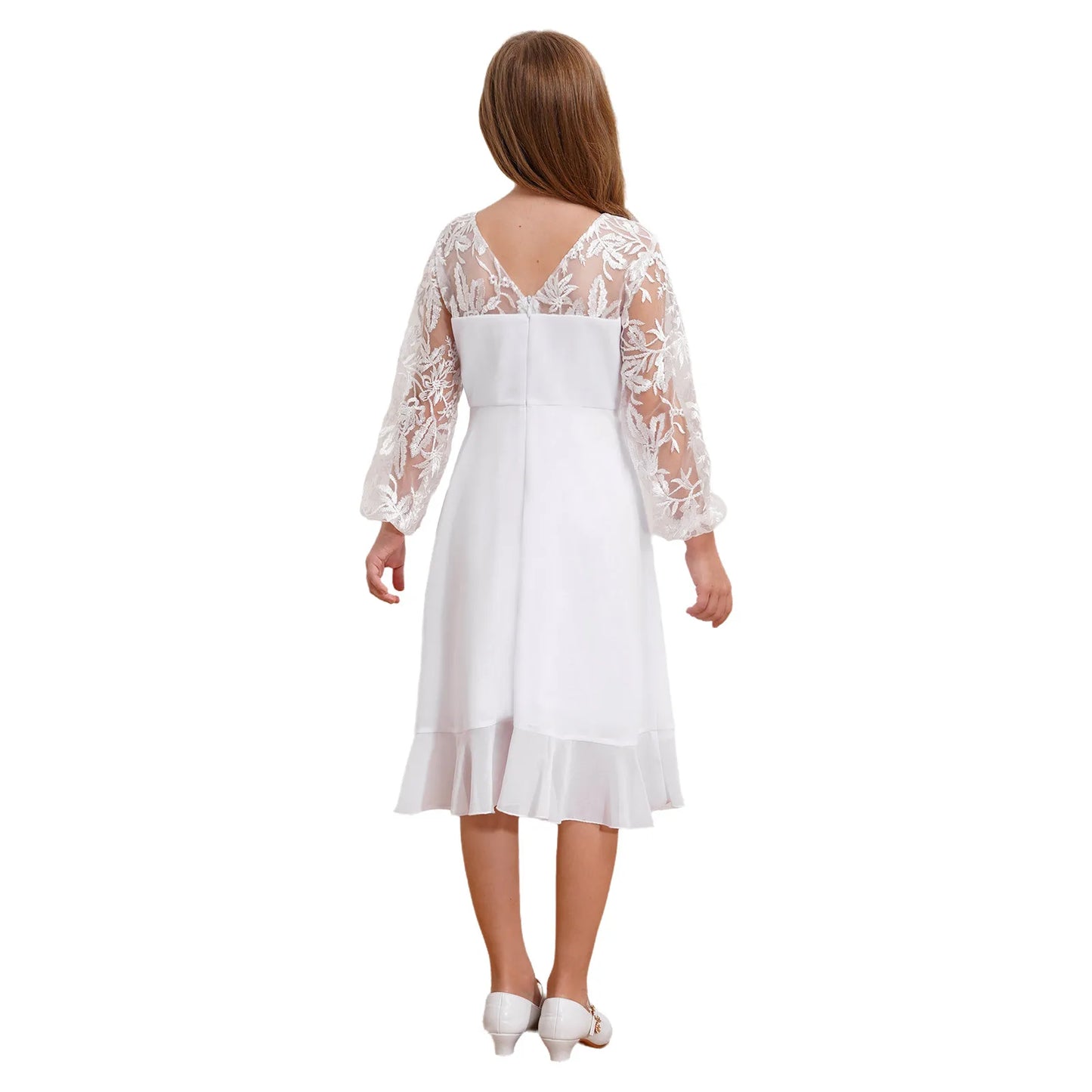 Girls Chiffon Long Sleeve High Waist Mesh Embroidery Dress (Age 8-16 YRS)