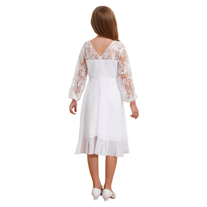 Girls Chiffon Long Sleeve High Waist Mesh Embroidery Dress (Age 8-16 YRS)