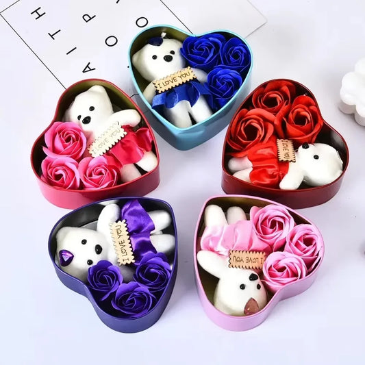 Heart Shaped Soap Flower Teddy Bear Gift Box
