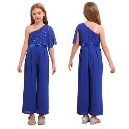 Girls One Shoulder PearlSequin Ruffled Wide Leg Jumpsuit (Age 6-14YRS) Royal Blue