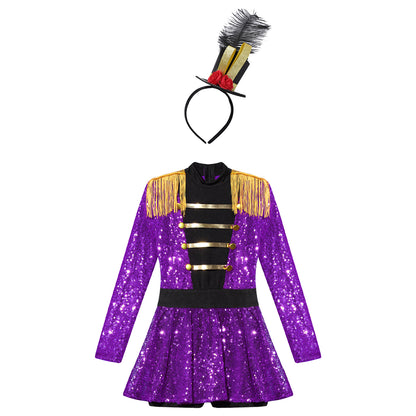 Girls Halloween Circus Ringmaster Costume Long Sleeve Sequin Leotard Dress (Age 6-14YRS)