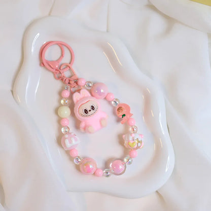 Labubu Doll Keychain Beaded Backpack Pendant Pink