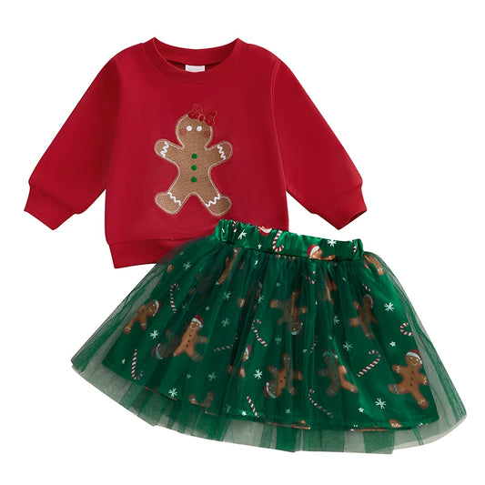 Baby/Toddler Girls Gingerbread Top & Tulle Skirt Christmas Outfit (Age 6M-4YRS) Red
