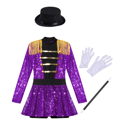 Girls Halloween Circus Ringmaster Costume Long Sleeve Sequin Leotard Dress (Age 6-14YRS)
