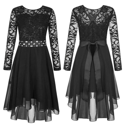 Girls Lace Chiffon Long Sleeve High-Rhinestone Sash Dress (Age 6-16 YRS) Black