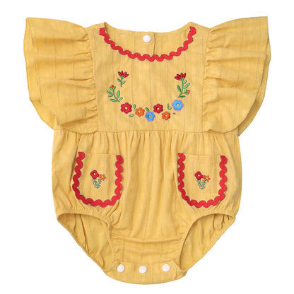 Baby Girls Mexican Embroidered Ruffled Sleeves Romper (Age Newborn-24M) Yellow