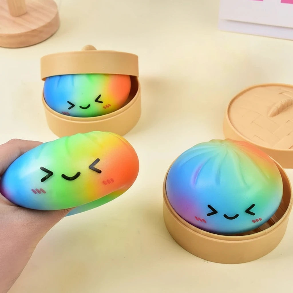 Rainbow Color Dumpling Squishy Toy with Bamboo Slow Rising Stress Relief Fidget Ball Soft Squeeze Toys for Adults & Kids