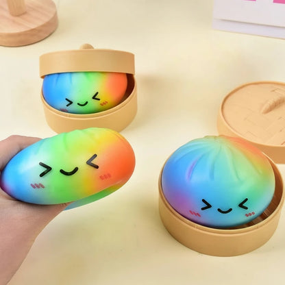 Rainbow Color Dumpling Squishy Toy with Bamboo Slow Rising Stress Relief Fidget Ball Soft Squeeze Toys for Adults & Kids