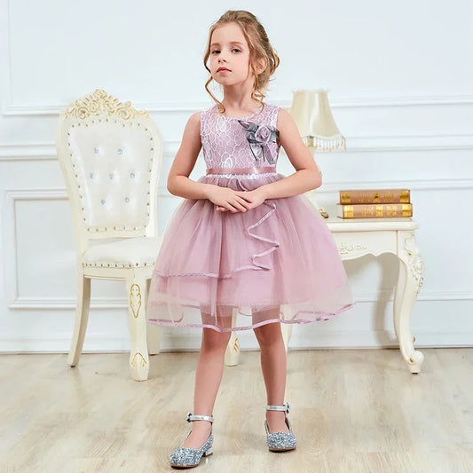 Girls Floral Lace Tulle Dress (Age 18M-6YRS) Pink