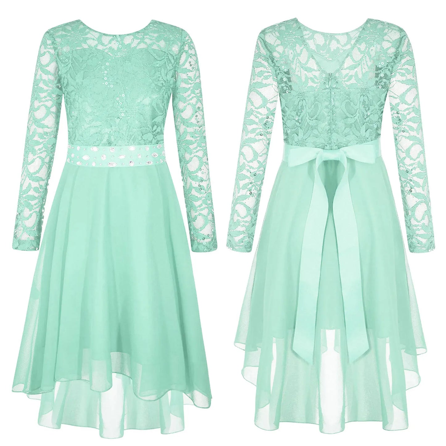 Girls Lace Chiffon Long Sleeve High-Rhinestone Sash Dress (Age 6-16 YRS) Mint Green