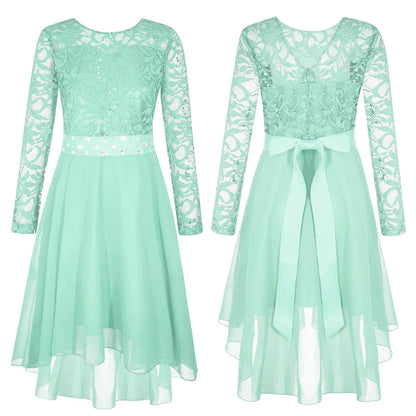 Girls Lace Chiffon Long Sleeve High-Rhinestone Sash Dress (Age 6-16 YRS) Mint Green