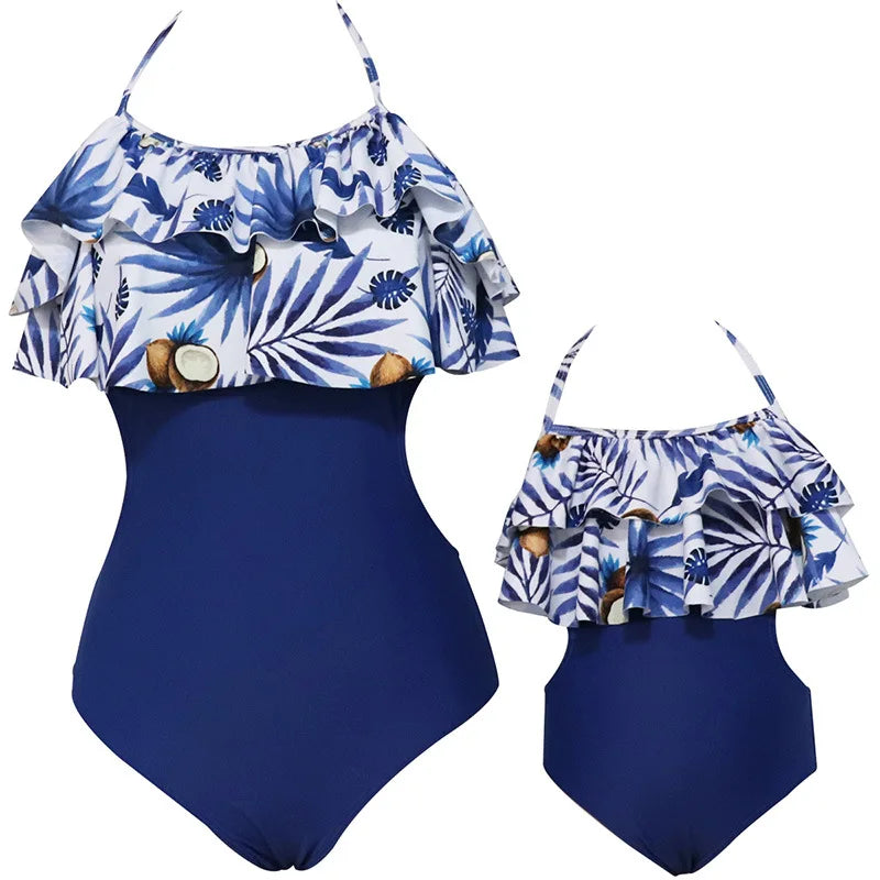 Family Matching Look Mom Girls Kids Ruffles Swimsuit Family Beach Wear Mother and Daughter Swimwear Coconut Tree Women Swimsuit
