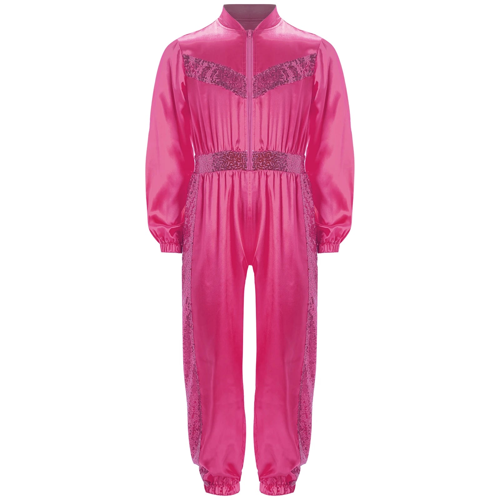 Girls Sequin Satin m Long Sleeve Zipper Jumpsuit (Age 6-16 YRS)
