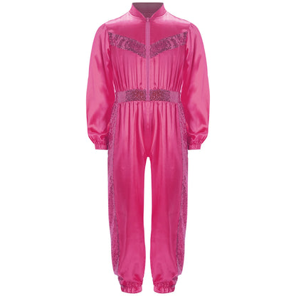 Girls Sequin Satin m Long Sleeve Zipper Jumpsuit (Age 6-16 YRS)
