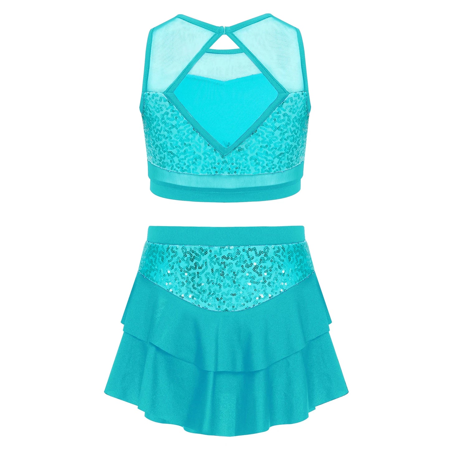 Girls Sequin Sheer Mesh Crop Top & Tiered Skirt Set (Age 6-16YRS)