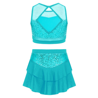Girls Sequin Sheer Mesh Crop Top & Tiered Skirt Set (Age 6-16YRS)