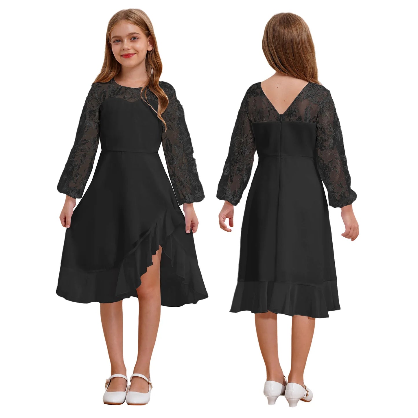 Girls Chiffon Long Sleeve High Waist Mesh Embroidery Dress (Age 8-16 YRS) Black