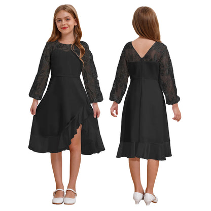 Girls Chiffon Long Sleeve High Waist Mesh Embroidery Dress (Age 8-16 YRS) Black