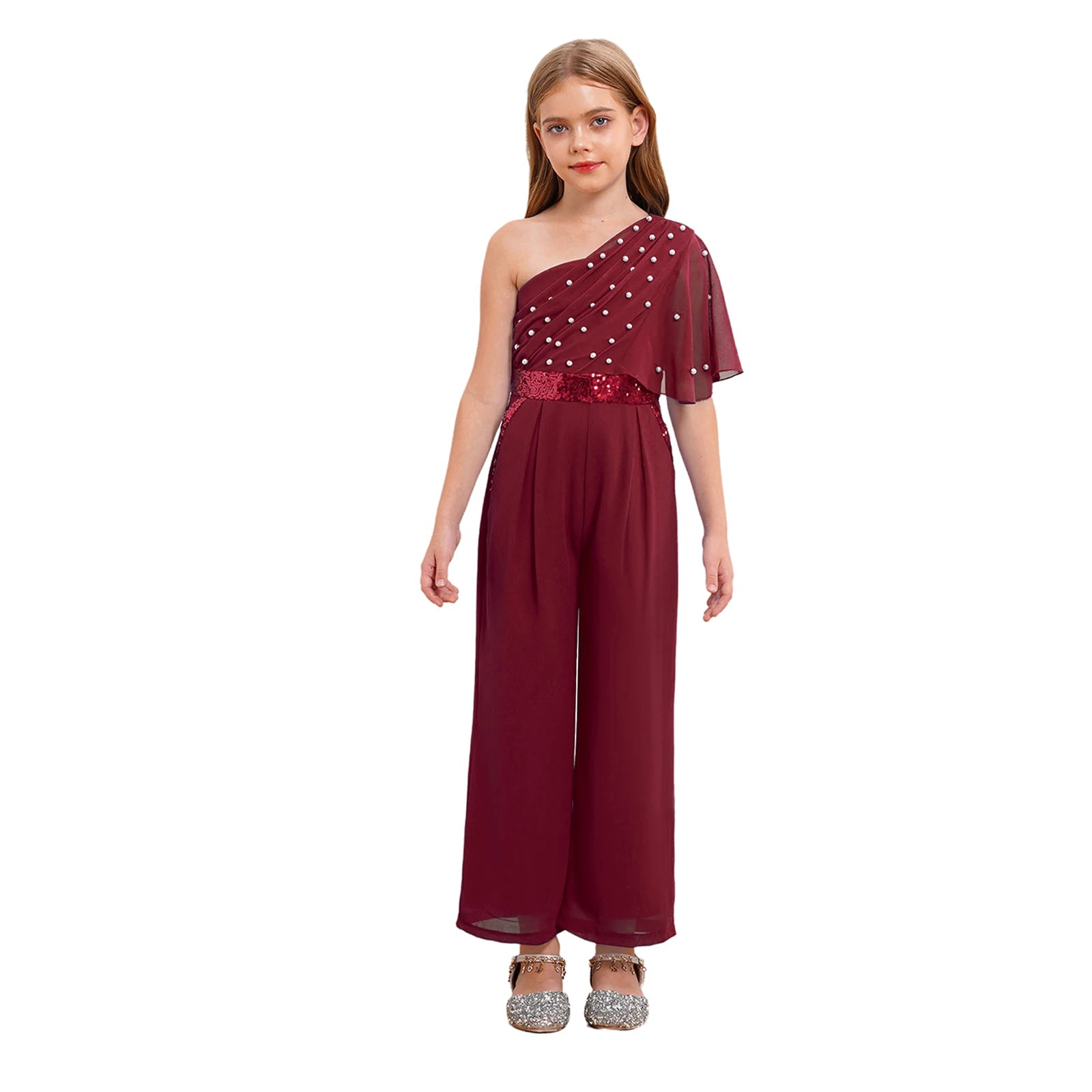 Girls One Shoulder PearlSequin Ruffled Wide Leg Jumpsuit (Age 6-14YRS)
